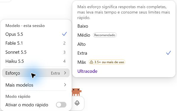 Menu Esforço com Baixo, Médio, Alto, Extra, Máx e Ultracode