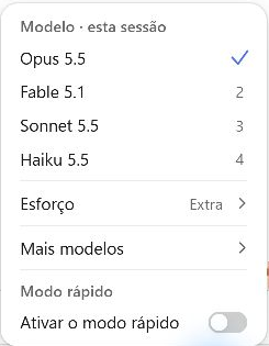 Menu real com Opus, Fable, Sonnet e Haiku