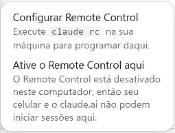 Menu real informa que Remote Control está desativado neste computador