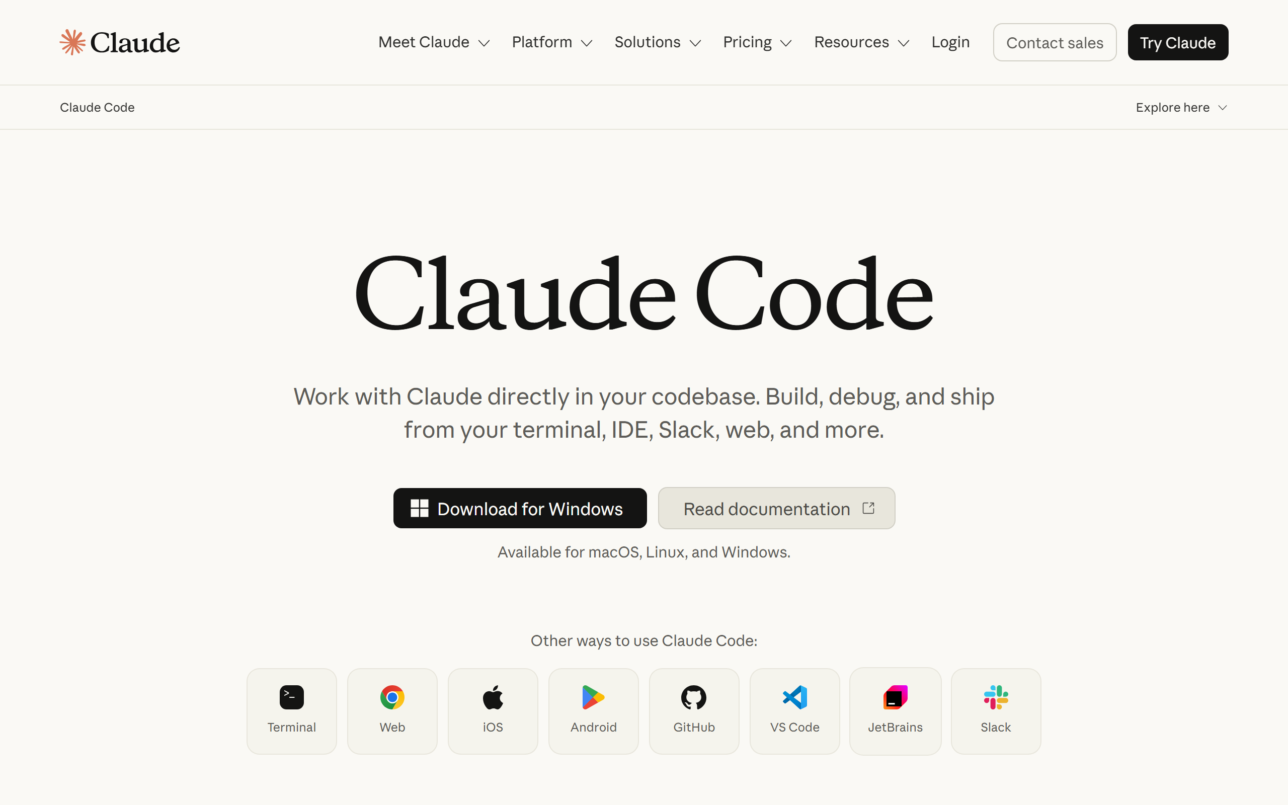 Página de download do Claude Code